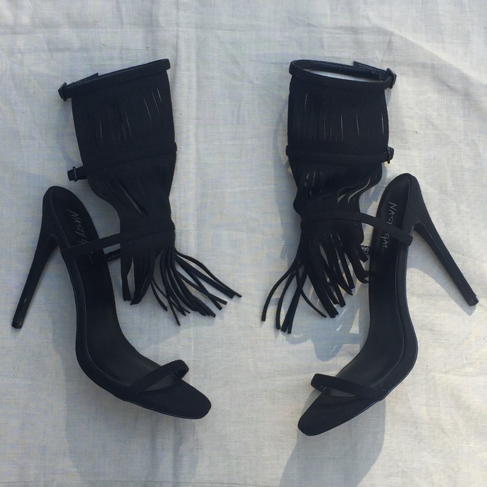 Nasty Gal black fringe stiletto heels sandals